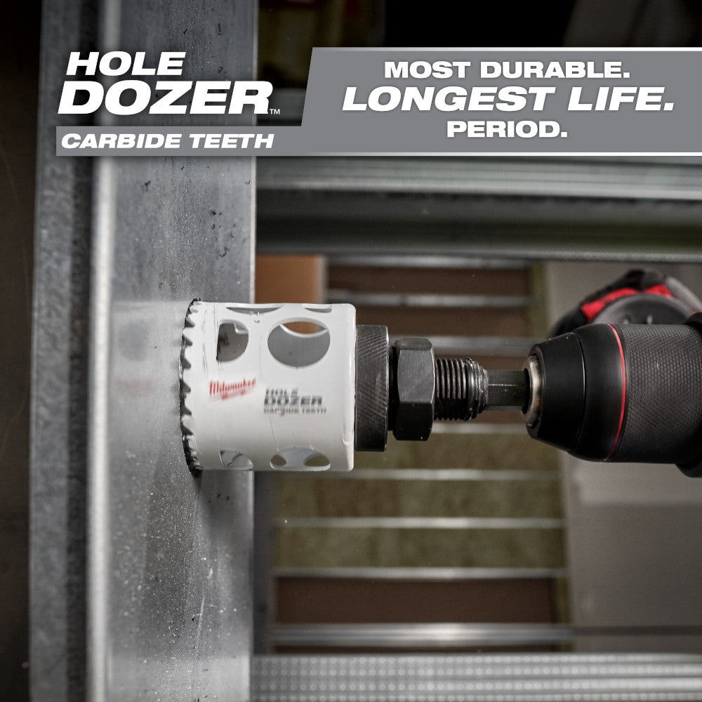 Milwaukee HOLE DOZER carbide teeth hole saw attached to power drill drilling into metal surface.