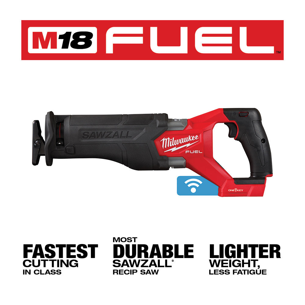 Milwaukee M18 FUEL reciprocating saw with red and black body, black blade, and ONE-KEY blue connectivity badge.