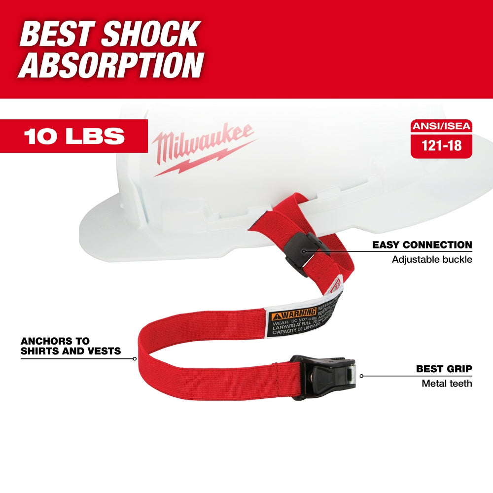 Red and black hard hat lanyard with adjustable buckle, metal teeth grip, and attachment point for shirts and vests.