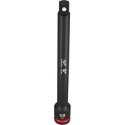 Black 3/8" drive socket extension with Milwaukee Shockwave branding and 6" length marking on shaft.