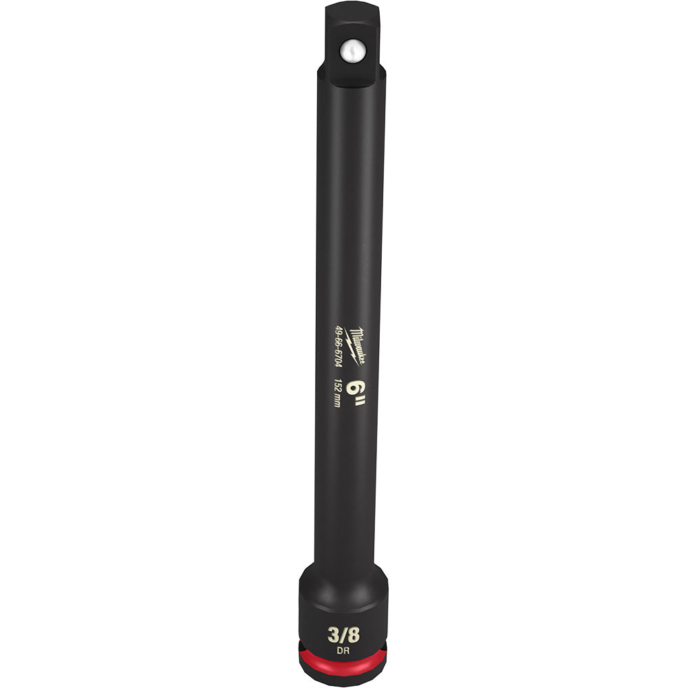 Black 3/8" drive socket extension with Milwaukee Shockwave branding and 6" length marking on shaft.