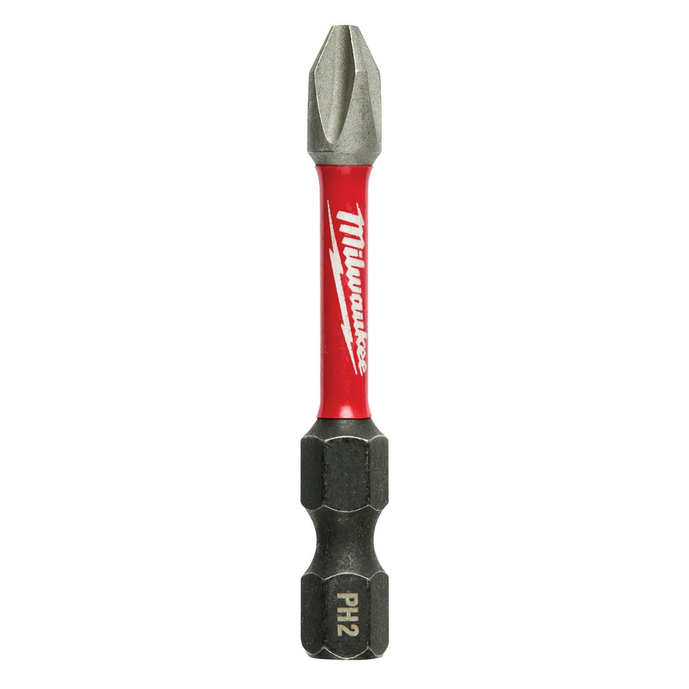 Single Milwaukee Shockwave Phillips #2 power bit with gray tip, red sleeve, and black hex end on white background.