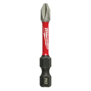 Single Milwaukee Shockwave Phillips #2 power bit with gray tip, red sleeve, and black hex end on white background.