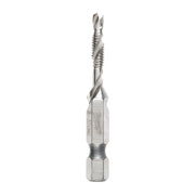 Silver metal impact drill tap with fluted cutting edges, spiraled threads, and hexagonal bit connection at base.