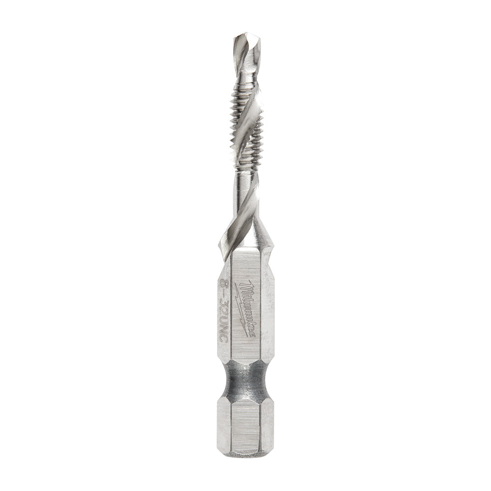 Silver metal impact drill tap with fluted cutting edges, spiraled threads, and hexagonal bit connection at base.