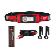 Red and black USB rechargeable headlamp with battery, charging cable, and mounting clips included.