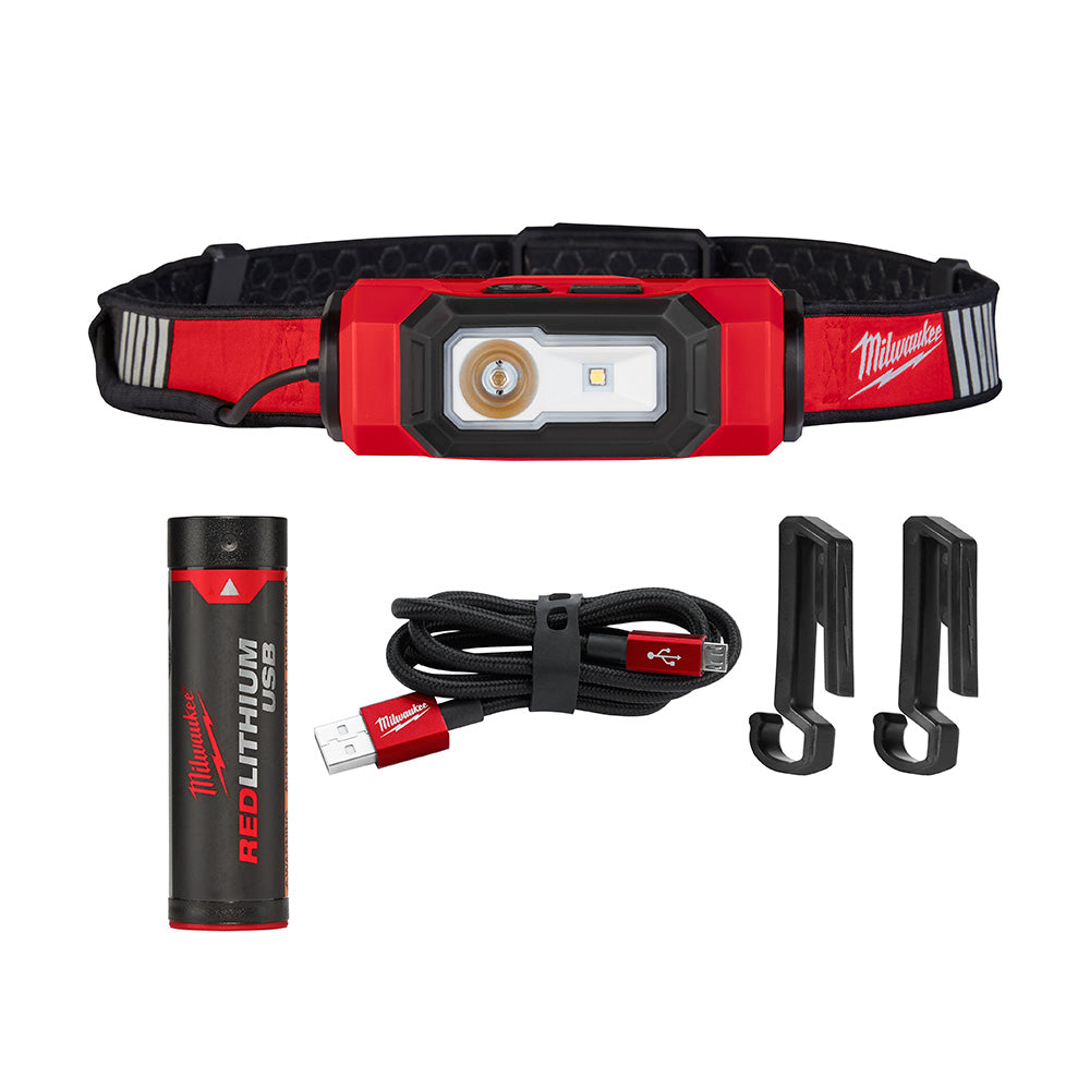 Red and black USB rechargeable headlamp with battery, charging cable, and mounting clips included.