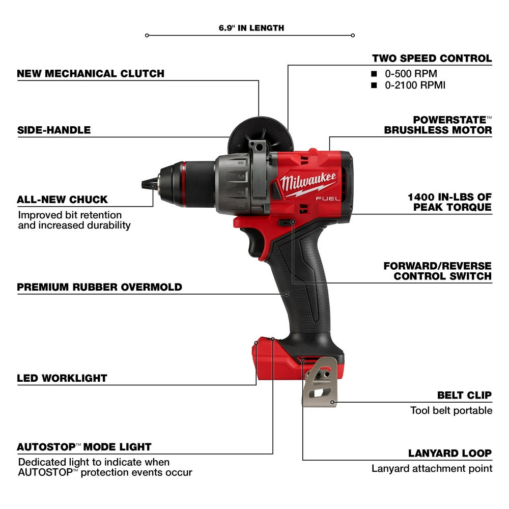 Milwaukee M18 FUEL 1/2-inch drill driver with red and black body, side handle, chuck, and labeled features including two-spee