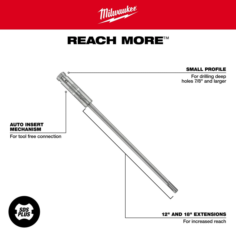 Milwaukee PLUSLOK SDS+ 12-inch extension with small profile design and auto insert mechanism for tool-free connection.