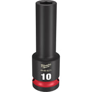 Black Milwaukee deep socket with 10MM marking, red grip band, and hexagonal drive opening.