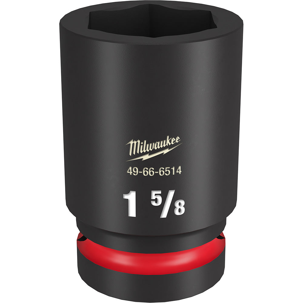 Black Milwaukee 1 5/8" deep socket with 6-point hexagonal opening and red grip band at base.