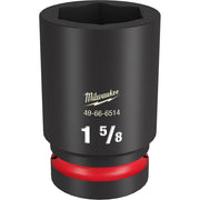 Black Milwaukee 1 5/8" deep socket with 6-point hexagonal opening and red grip band at base.