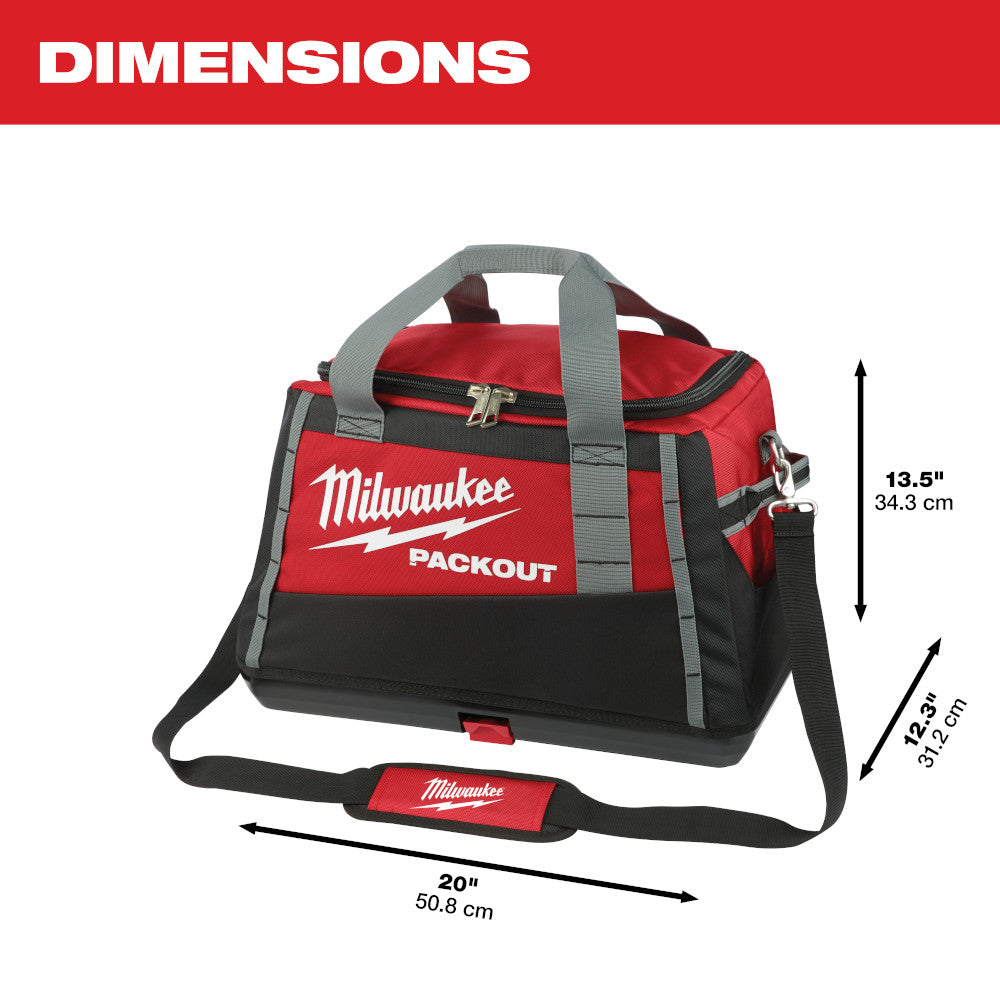 Red and black Milwaukee PACKOUT tool bag with gray handles, shoulder strap, and dimension measurements displayed.