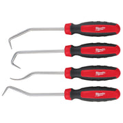 Four hose picks with red and black handles and curved metal shanks in varying hook styles.