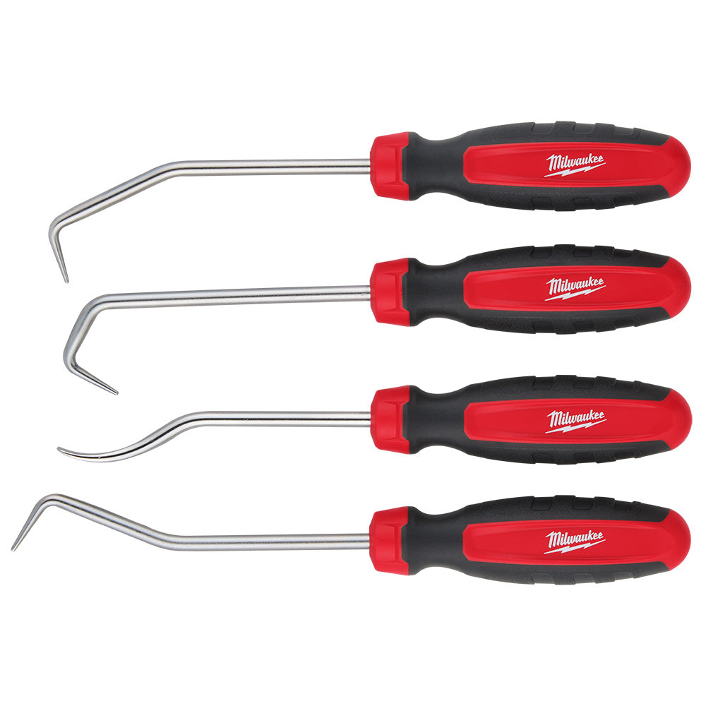 Four hose picks with red and black handles and curved metal shanks in varying hook styles.
