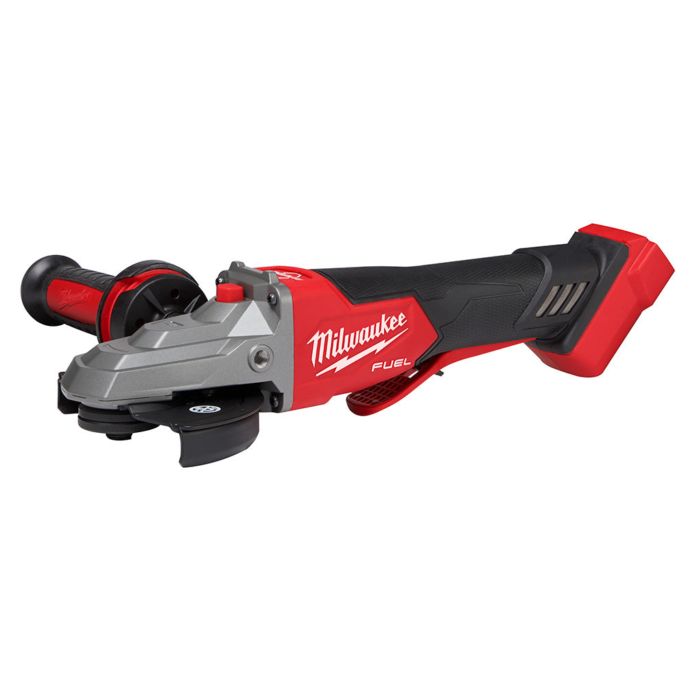 Milwaukee M18 FUEL angle grinder with red and black housing, paddle switch, and flathead braking wheel guard.