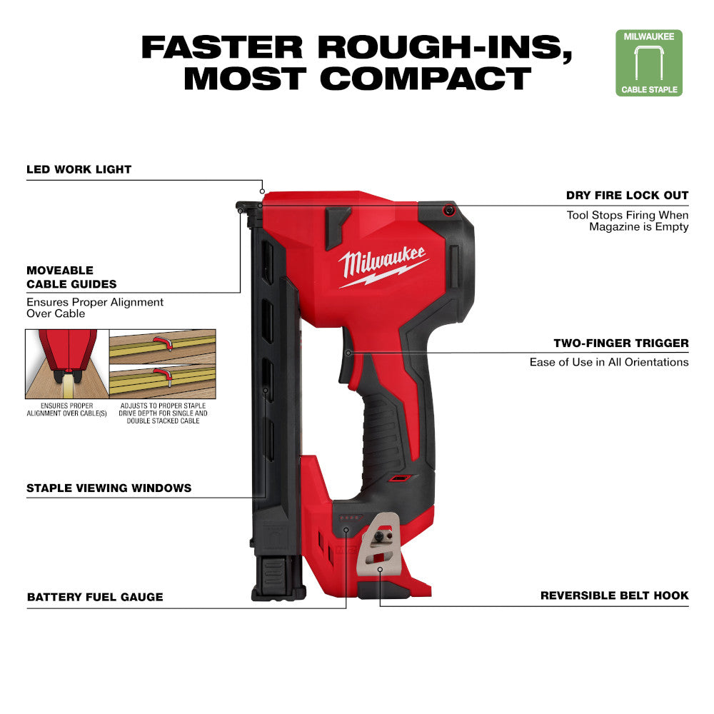 Red and black Milwaukee M12 cable stapler with LED work light, trigger handle, and labeled features including dry fire lockou