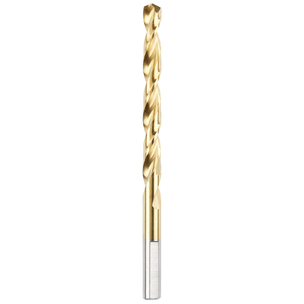 Gold titanium-coated drill bit with twisted flutes and cylindrical shank on white background.