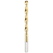 Gold titanium-coated drill bit with twisted flutes and cylindrical shank on white background.