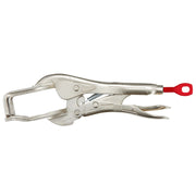Milwaukee 9 inch locking welder's clamp with metal jaw, screw adjustment, and red handle.