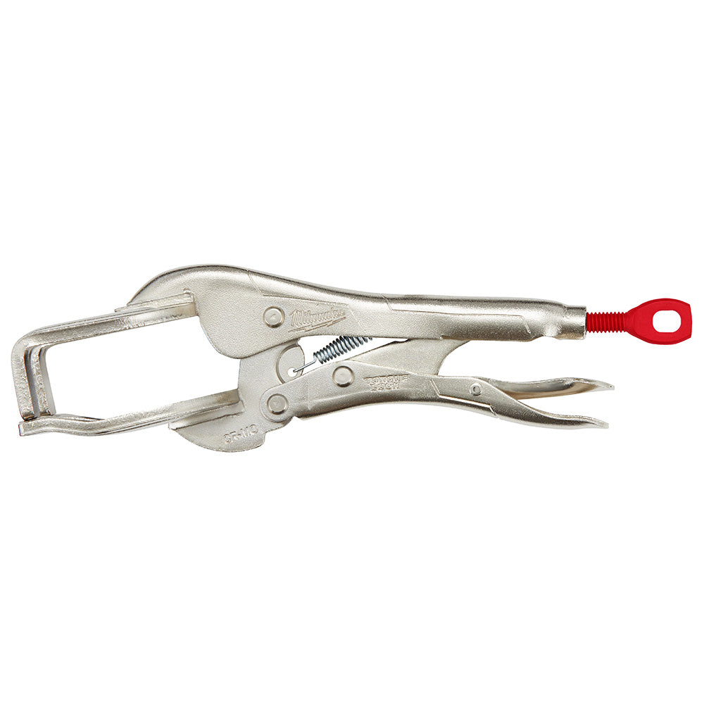 Milwaukee 9 inch locking welder's clamp with metal jaw, screw adjustment, and red handle.