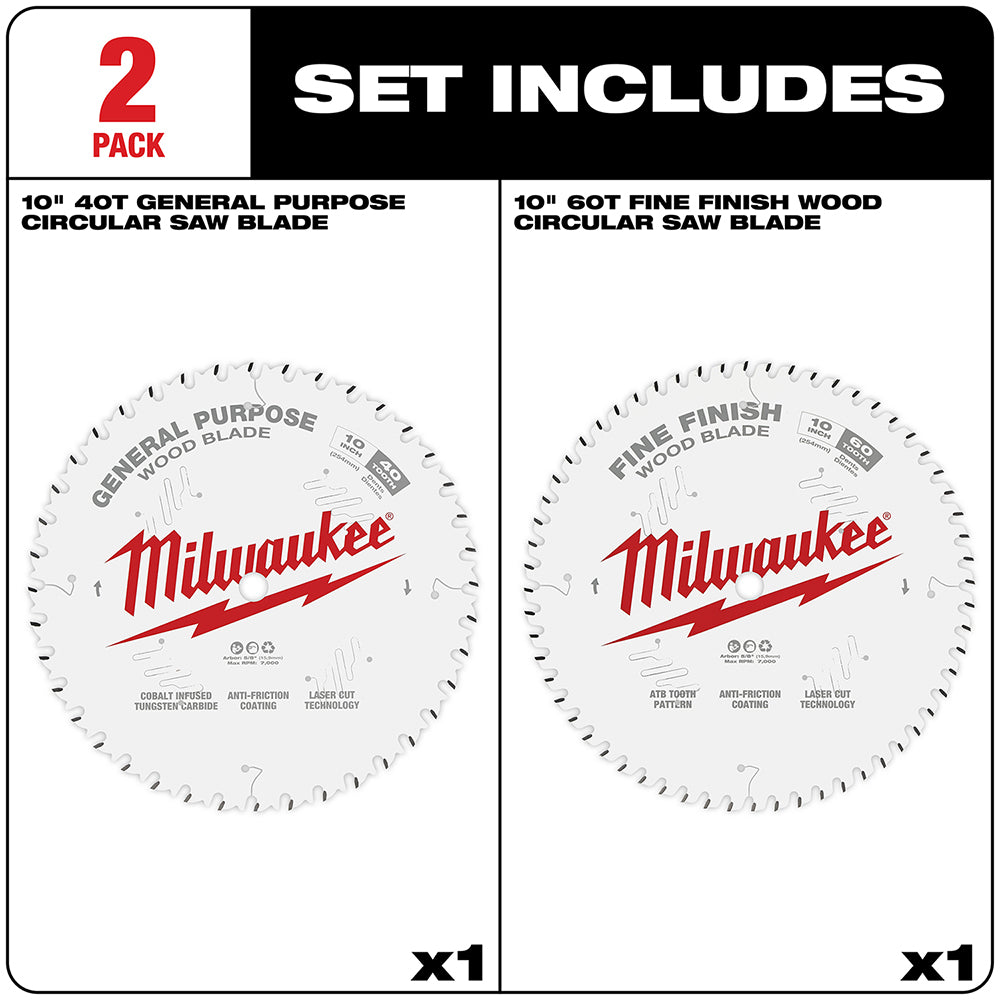 Two 10-inch Milwaukee circular saw blades: 40-tooth general purpose blade and 60-tooth fine finish wood blade.