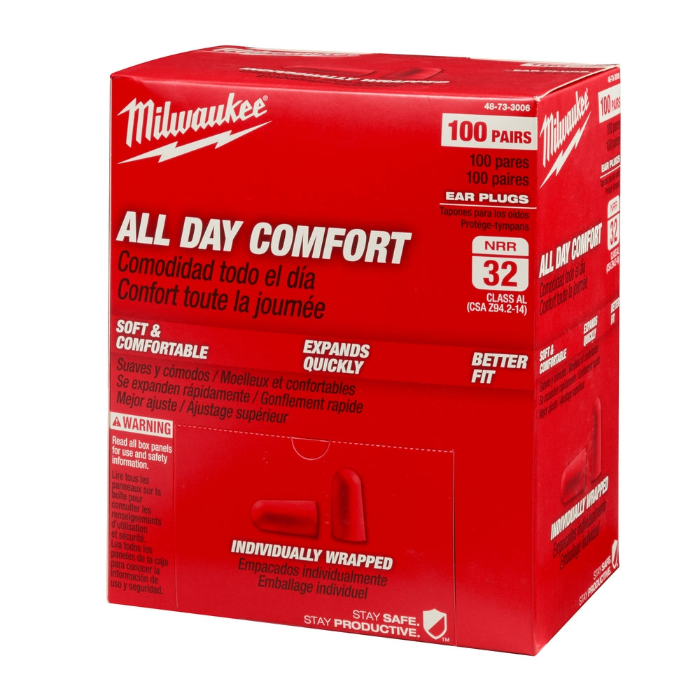 Red Milwaukee box containing 100 pairs of ear plugs with NRR 32 rating, labeled "All Day Comfort" and "Individually Wrapped."