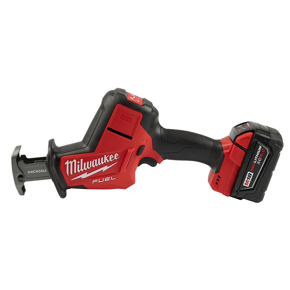 Red and black Milwaukee M18 FUEL reciprocating saw with battery and charger kit.