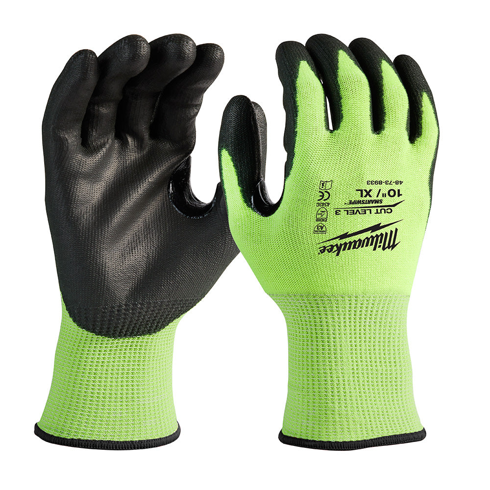 High-visibility work gloves with neon yellow knit fabric and black polyurethane-dipped palms, shown front and back views.