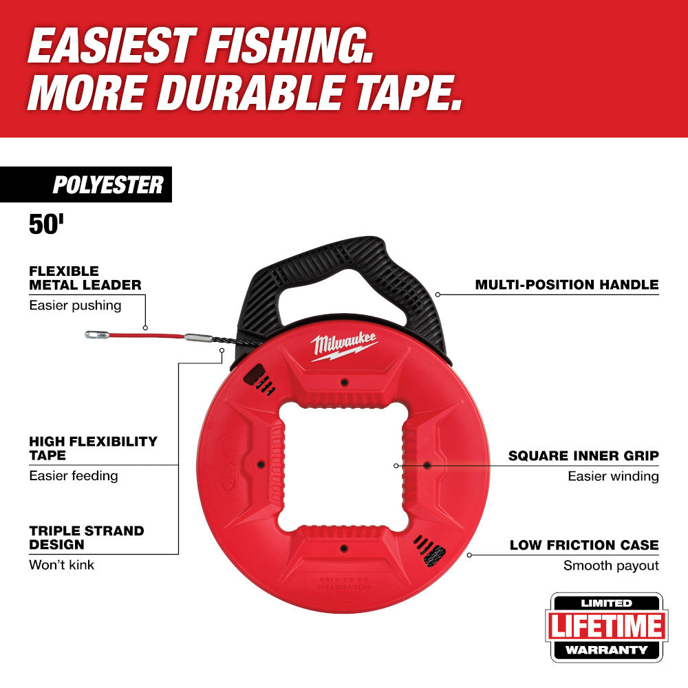Red circular fish tape reel with black handle containing 50 feet of polyester tape and flexible metal leader.