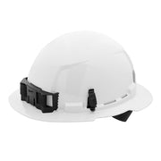 White full brim hard hat with black ratcheting suspension system and front ventilation ports.