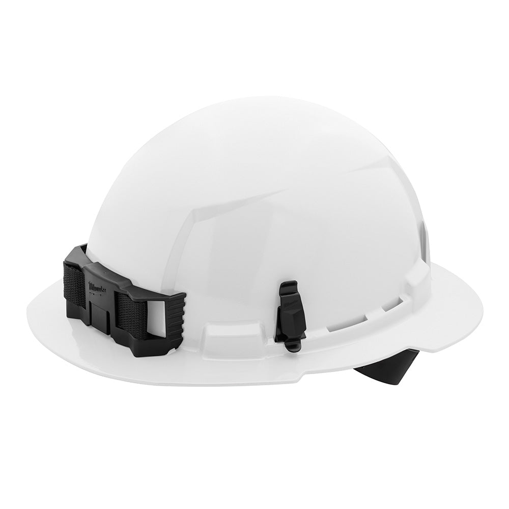 White full brim hard hat with black ratcheting suspension system and front ventilation ports.