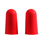 Two red foam ear plugs with tapered cylindrical shape.