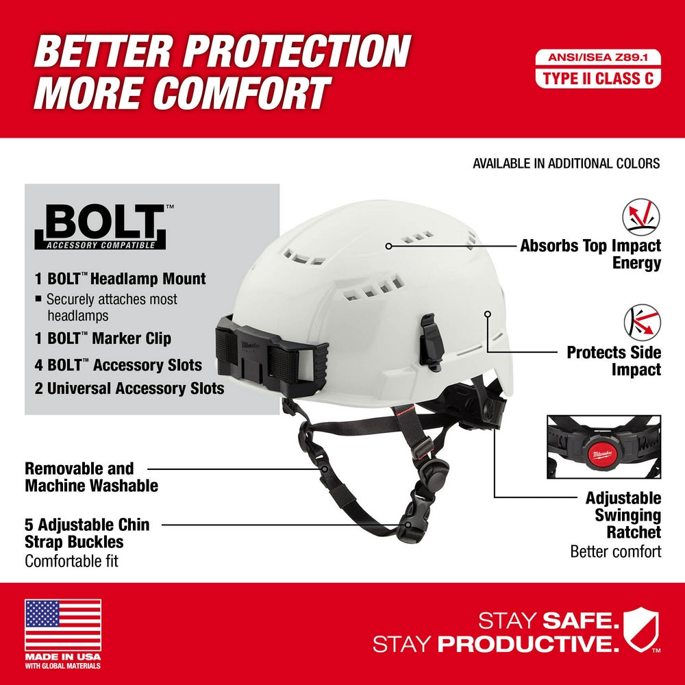Gray vented safety helmet with black chin strap, front and side vents, and BOLT accessory mounting system.
