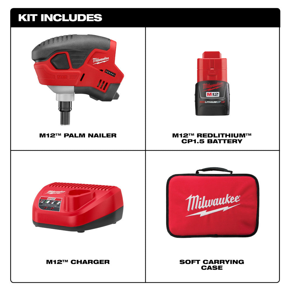 Milwaukee M12 palm nailer kit with red and black nailer, CP1.5 battery, charger, and soft carrying case.