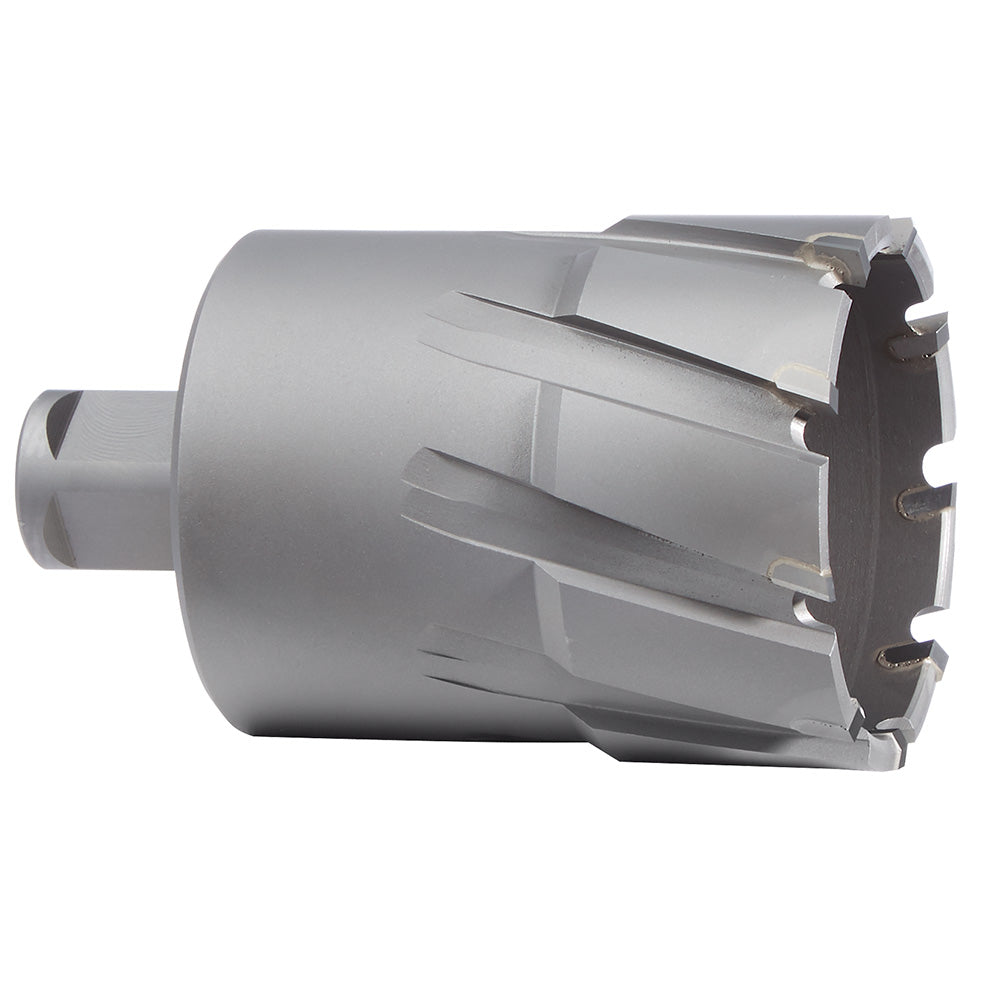 Silver cylindrical TCT annular cutter with fluted cutting edges and dark carbide tips on the end face.