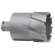 Silver cylindrical TCT annular cutter with fluted cutting edges and dark carbide tips on the end face.