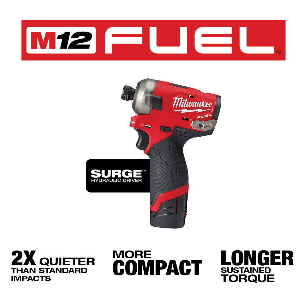 Milwaukee M12 FUEL red and black compact hydraulic driver with 1/4 inch hex chuck and grip handle.