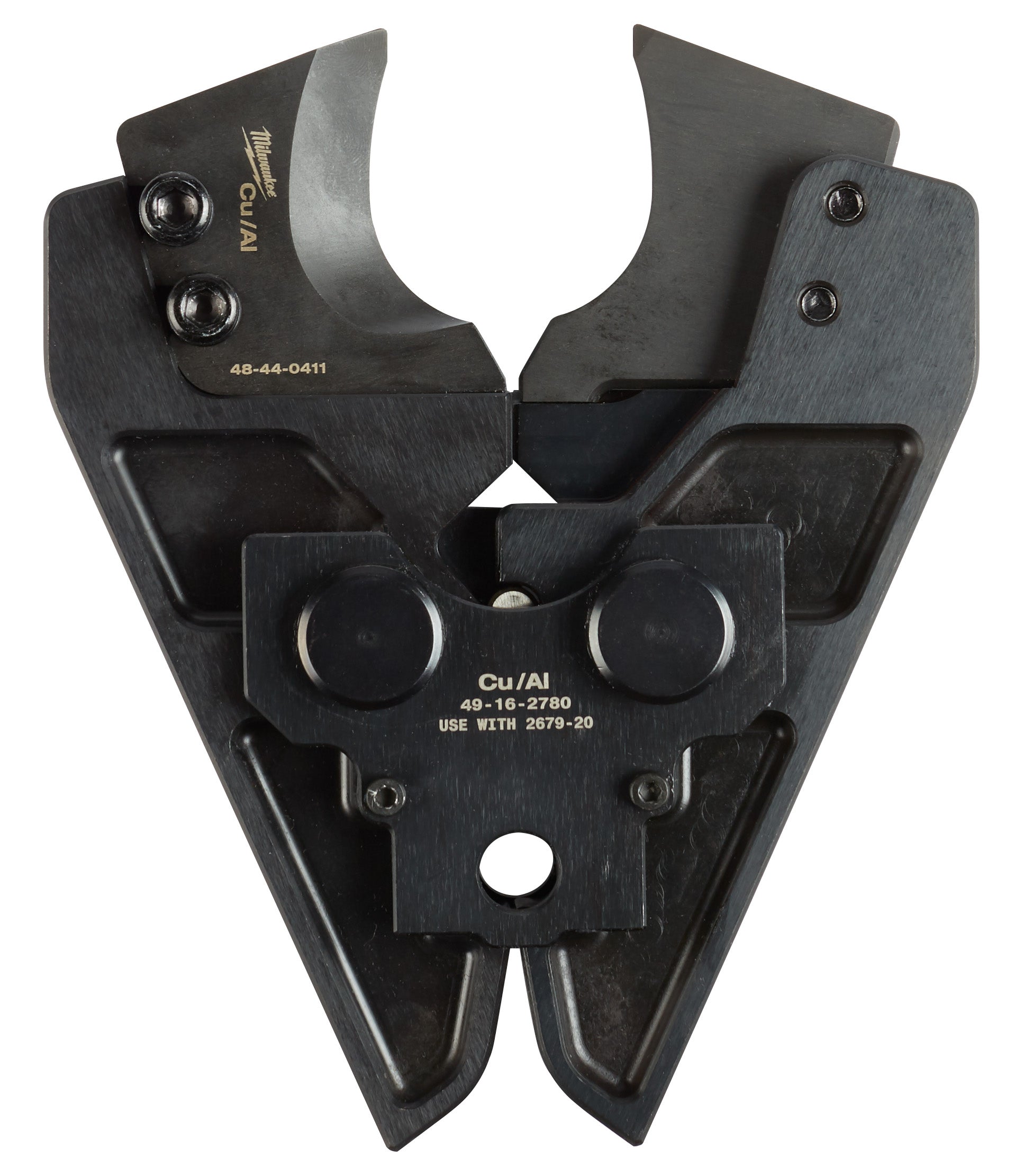 Black cable cutting jaw with curved upper blades, adjustment knobs, and metal fasteners marked "Cu/Al 49-16-2780".