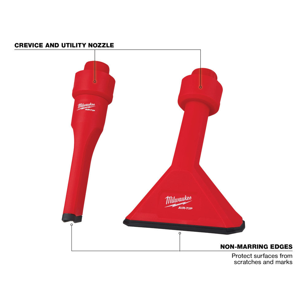 Two red Milwaukee AIR-TIP nozzle attachments with black non-marring edges, one narrow crevice tool and one wide utility nozzl