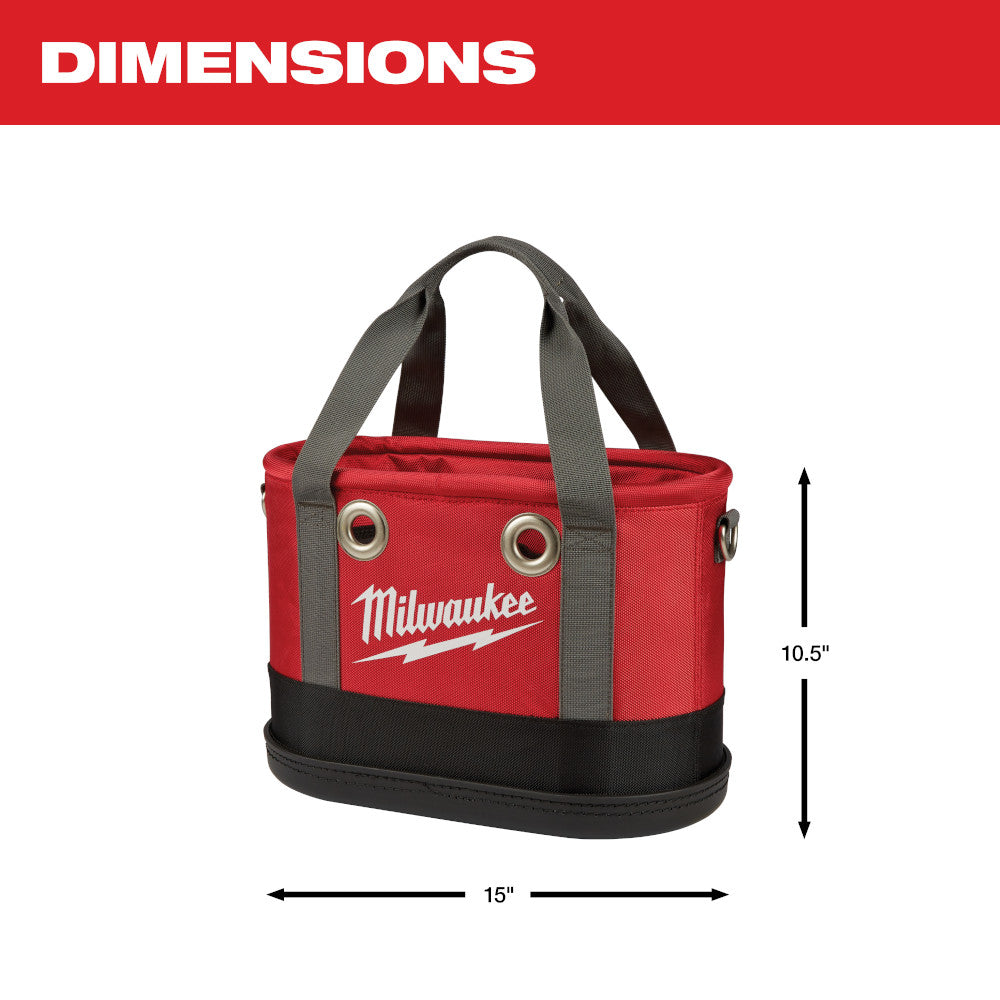Red and black Milwaukee aerial oval tool bag with gray handles and metal grommets, 15" wide by 10.5" tall.