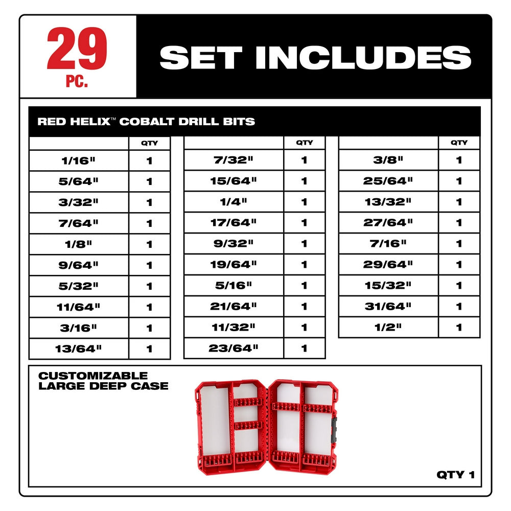 29-piece RED HELIX cobalt drill bit set with various sizes and red customizable deep case.