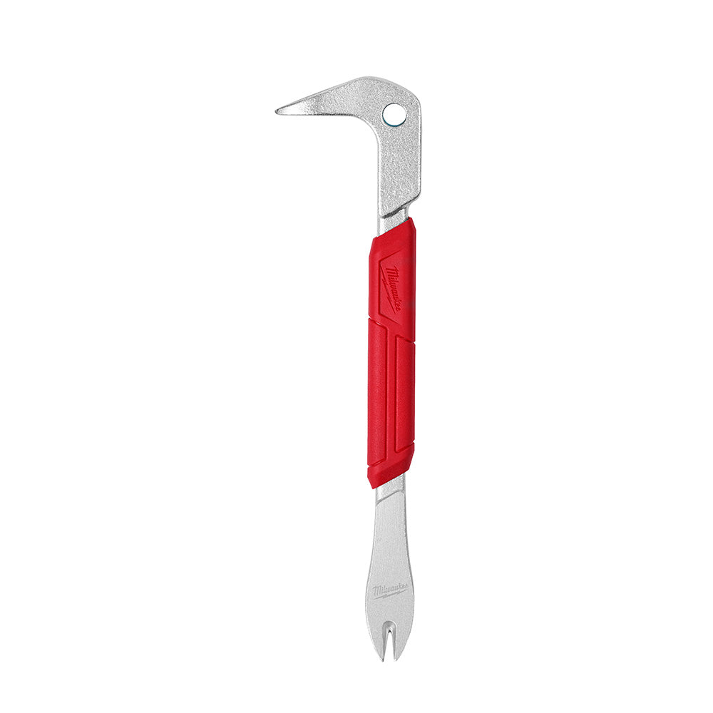 Metal finish nail puller with red grip handle, curved claw head at top and pointed end at bottom.