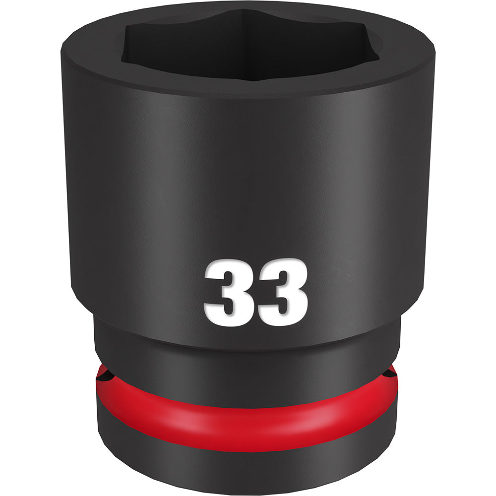 Black 33MM socket with 6-point hexagonal opening and red grip band around base.