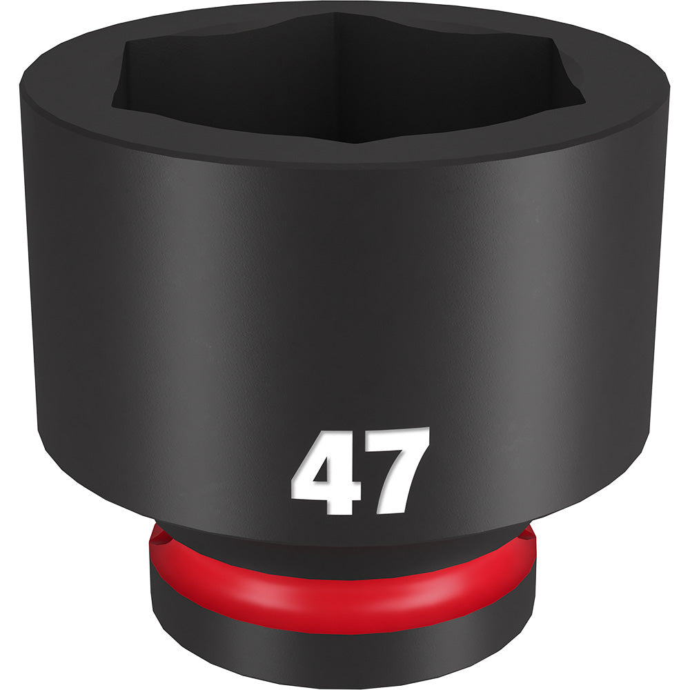 Black 3/4" drive socket with 47MM size marking and red grip band at base, six-point opening visible from above.