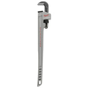 Gray aluminum pipe wrench with curved jaw head and black adjustment mechanism on long handle.