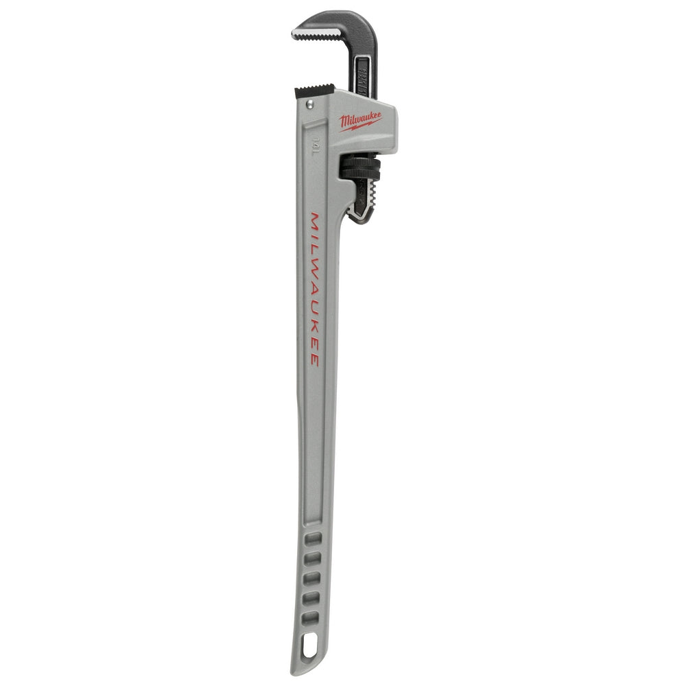 Gray aluminum pipe wrench with curved jaw head and black adjustment mechanism on long handle.