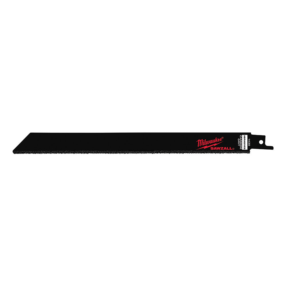 Black Milwaukee SAWZALL reciprocating saw blade with carbide grit cutting edge and mounting tang.