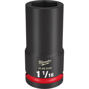 Black cylindrical 3/4" drive socket with red band, hexagonal opening, Milwaukee branding and 1 1/16" size marking.