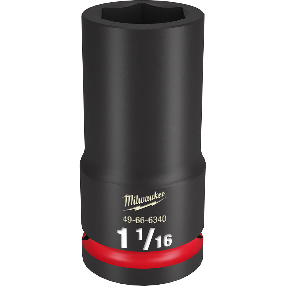 Black cylindrical 3/4" drive socket with red band, hexagonal opening, Milwaukee branding and 1 1/16" size marking.